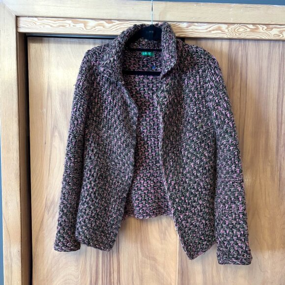 Benetton Wool Mohair Blend Sweater Open Cardigan Pink Green Black Blazer - Picture 8 of 8